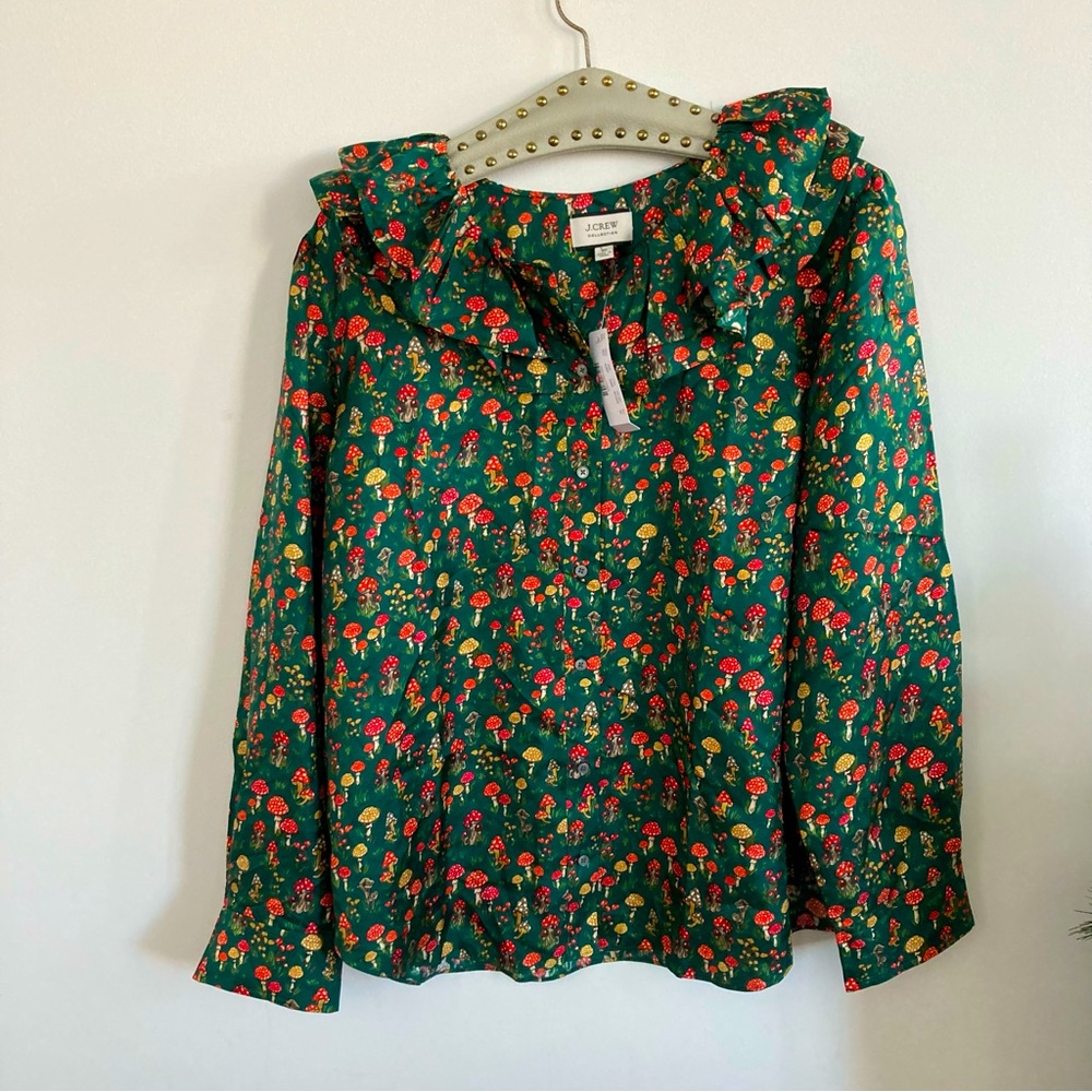 NWT JCrew silk mushroom print ruffle-neck blouse Size 3X